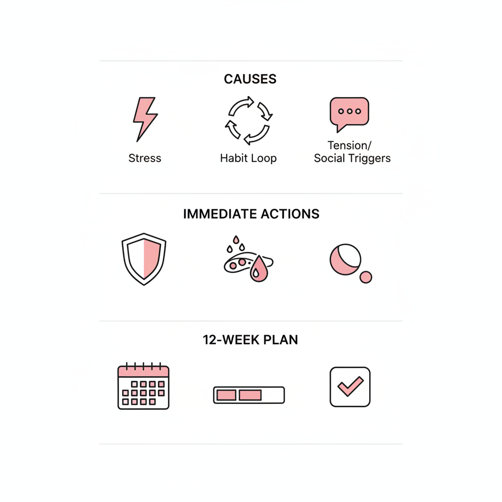 Vertikale Infografik mit drei Icon‑Blöcken zu Ursachen, Sofortmaßnahmen und 12‑Wochen‑Plan – Tipps, Nägelkauen stoppen im minimalistischen NailX‑Design