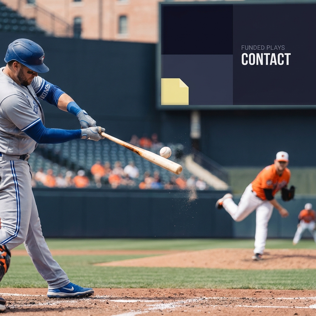 Editorial full frame action photo of a Blue Jays batter mid swing against an Orioles pitcher capturing decisive moment blue jays orioles prediction minimal Funded Plays aesthetic