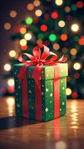 Festive Christmas Gift Box with Red Ribbon and Bokeh