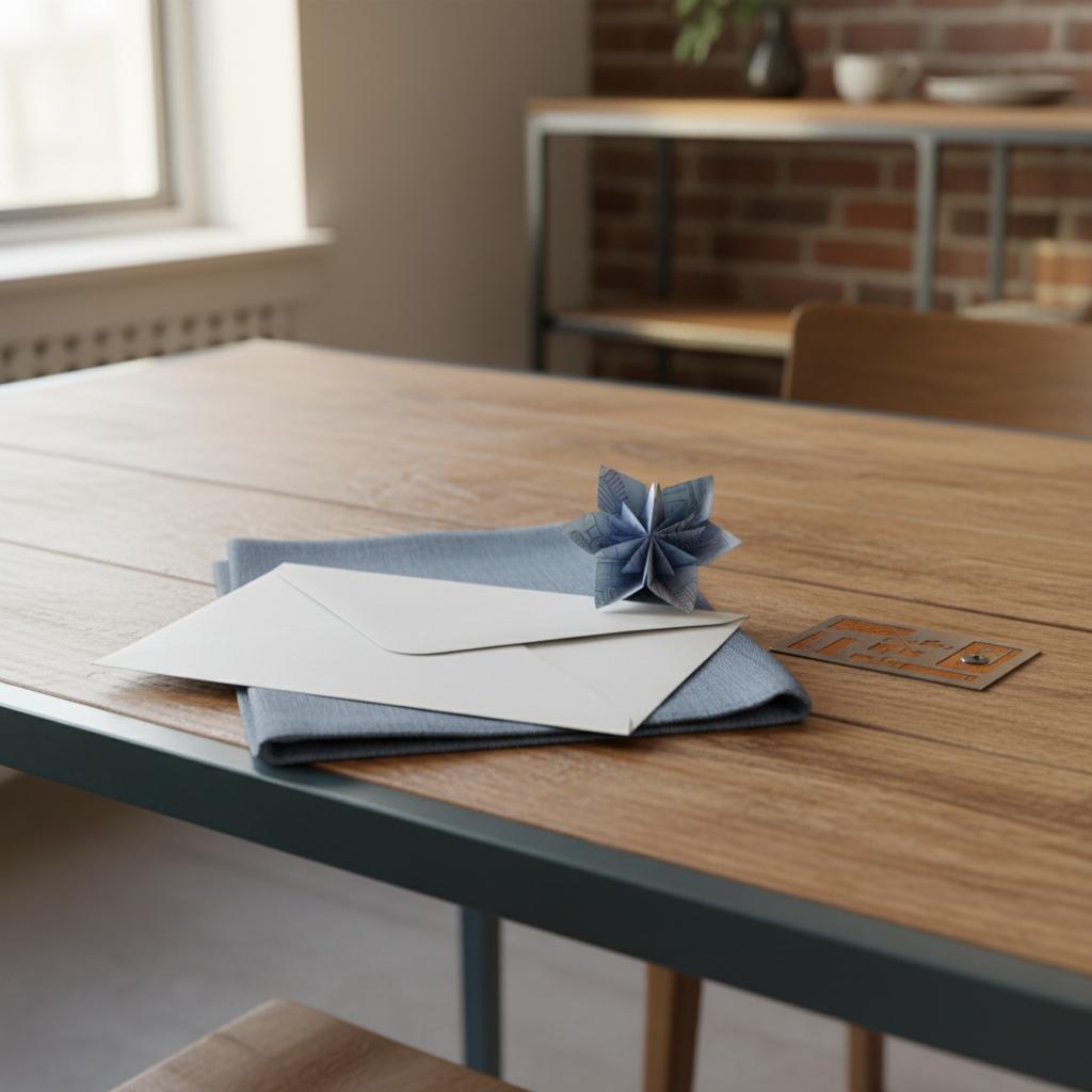 Nahaufnahme eines rustikalen Esstisches mit geöffnetem Kuvert, Geldschein-Origami-Blüte und gravierter Metallplakette in Brandfarben – Was schreibe ich, wenn ich Geld verschenke?