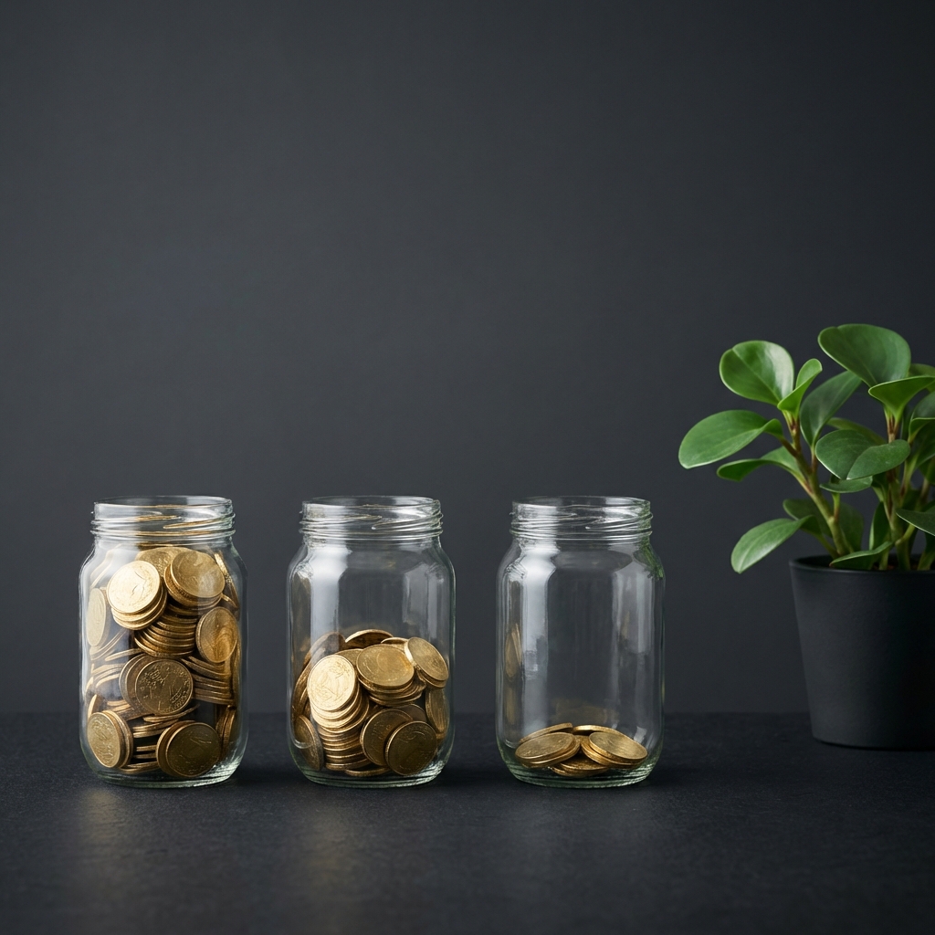 Minimalist photorealistic image of three glass jars with varying coin levels and a small plant on dark charcoal background representing saving stages What does COIN Global do