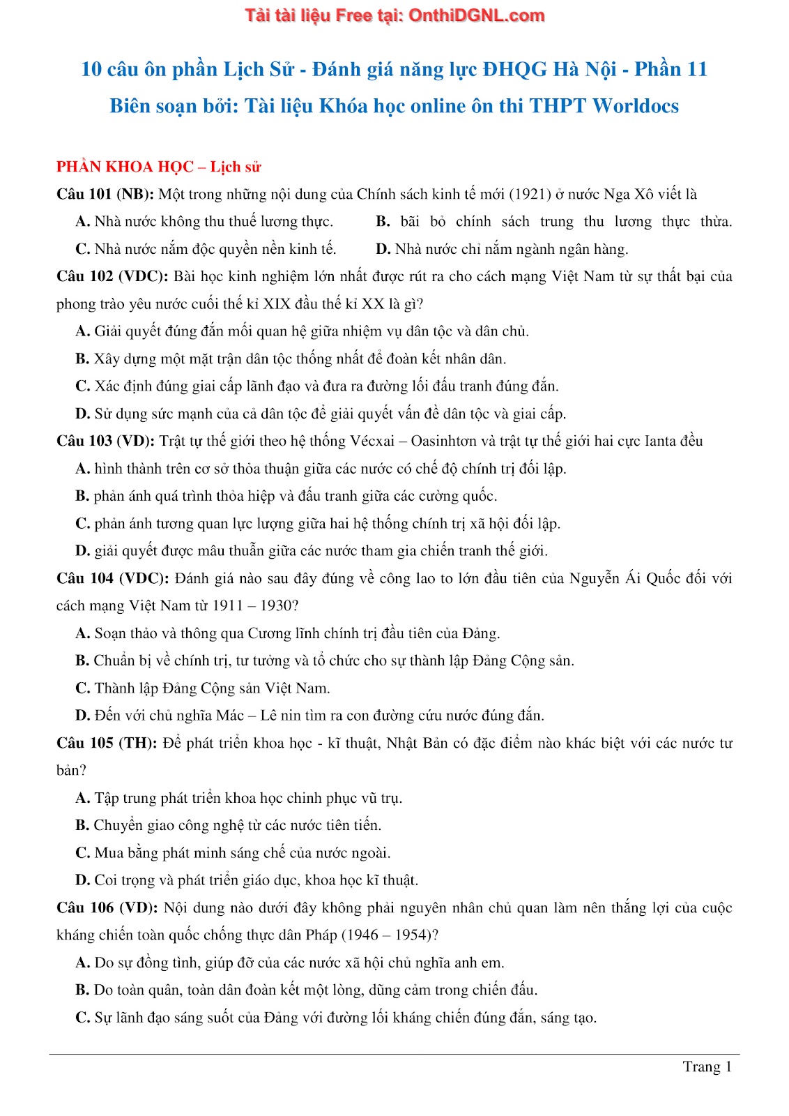 150 bài tập môn Sủ- Ôn thi ĐGNL ĐHQG HN Phần 11