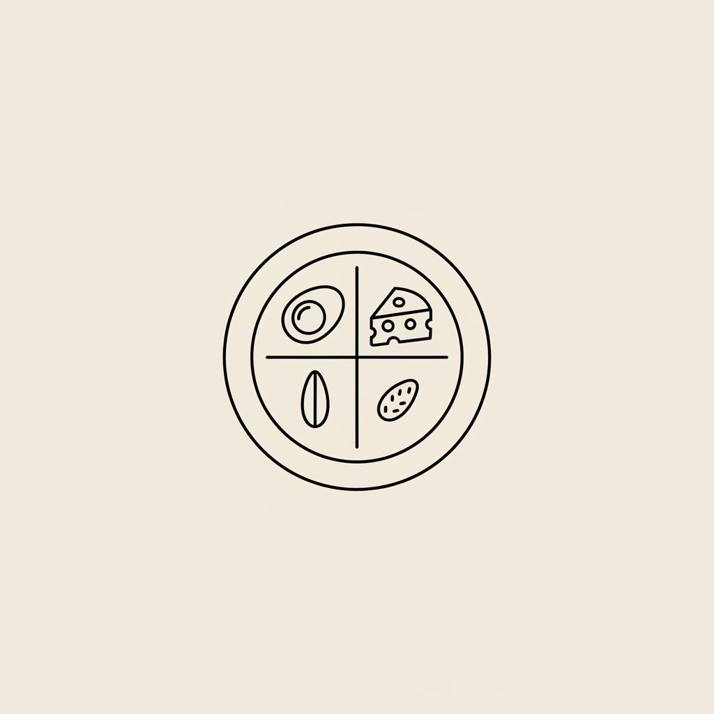 Minimalist Tonum-style vector line illustration of a plate with an egg, cheese wedge, seed and rice grain representing foods that boost serotonin.