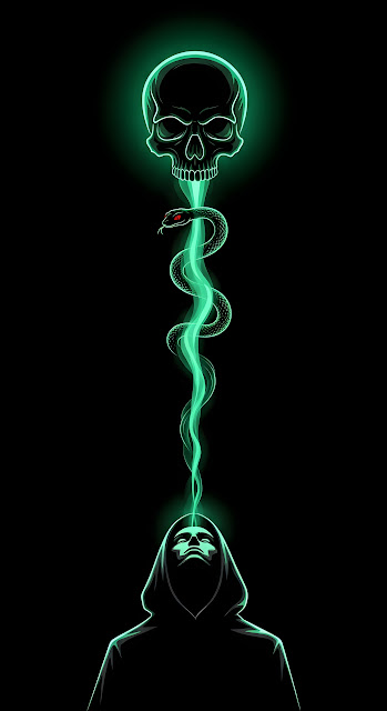 Graphic Illustration of a Hooded Silhouette with Glowing Green Skull Smoke - Free mobile Wallpaper