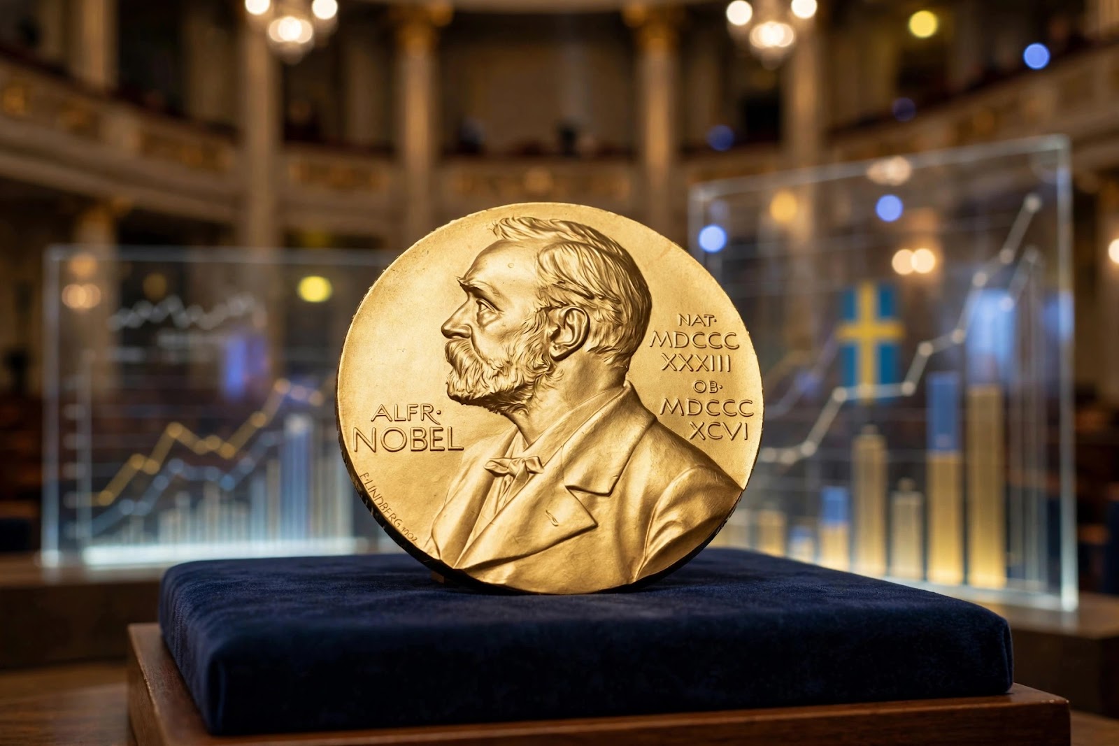 Gold Nobel Prize medal displayed in Stockholm's concert hall with economic charts and the Swedish flag in the background