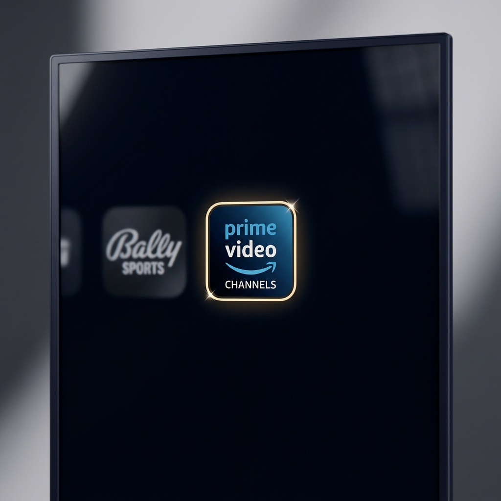 Close up full frame photograph of a smart TV showing Prime Video Channels app icon in sharp focus with Bally Sports logo softly blurred behind on a minimal Funded Plays dark background diamond sports book