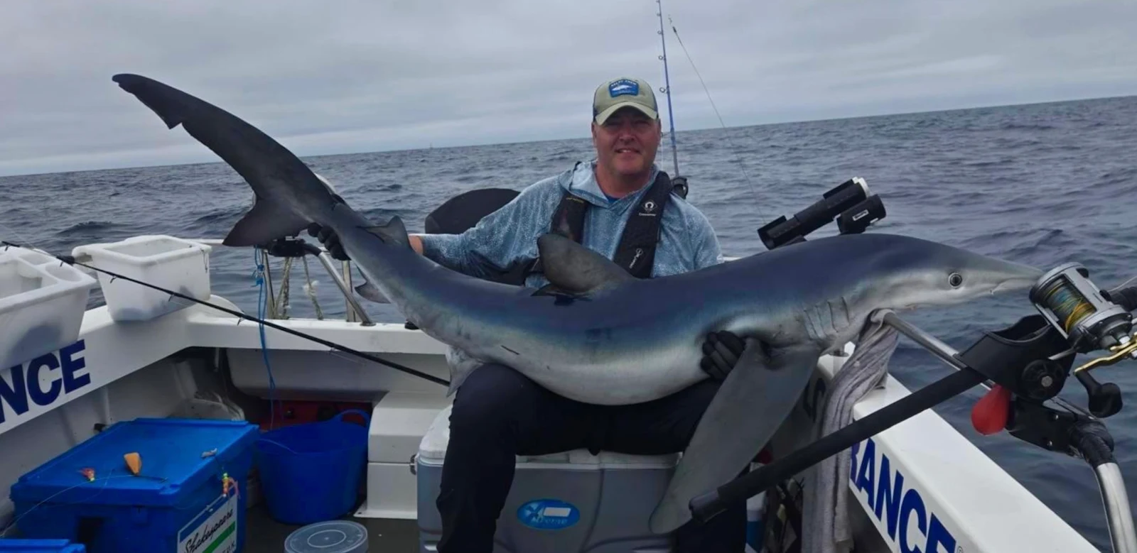 Steven Toner with a Blue Shark caught offshore in Cornwall
