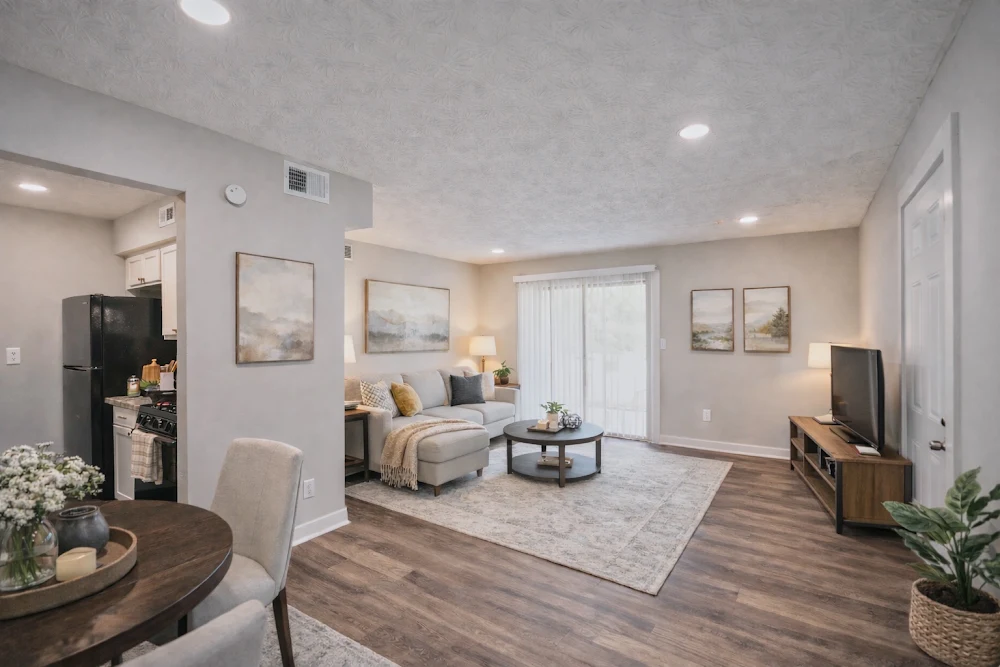 Staged two-bedroom living room at The Langston