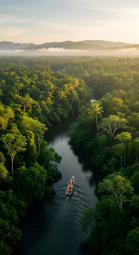 Aerial View Boat on Tropical Jungle River at Sunrise