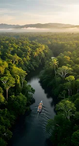 Aerial View Boat on Tropical Jungle River at Sunrise