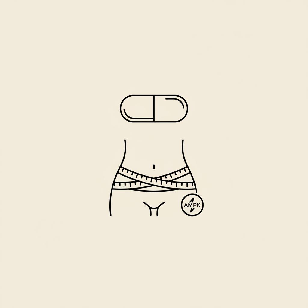 Minimal Tonum-style line illustration of a capsule, stylized waist with a tape measure, and small energy/AMPK icon on beige background illustrating berberine belly fat reduction.