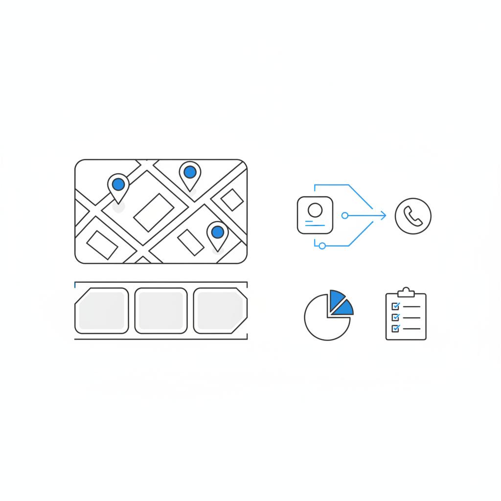 Minimalist 2D vector notebook sketch of a local map with pins, thumbnail gallery, and a workflow arrow linking profile and call icons for landscaping business.