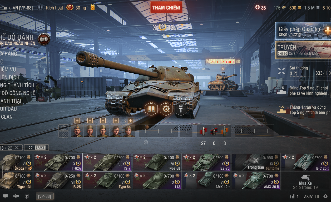 Acc World of Tanks PC sở hữu 6 tank X đa dạng BZ-75, 113, IS...