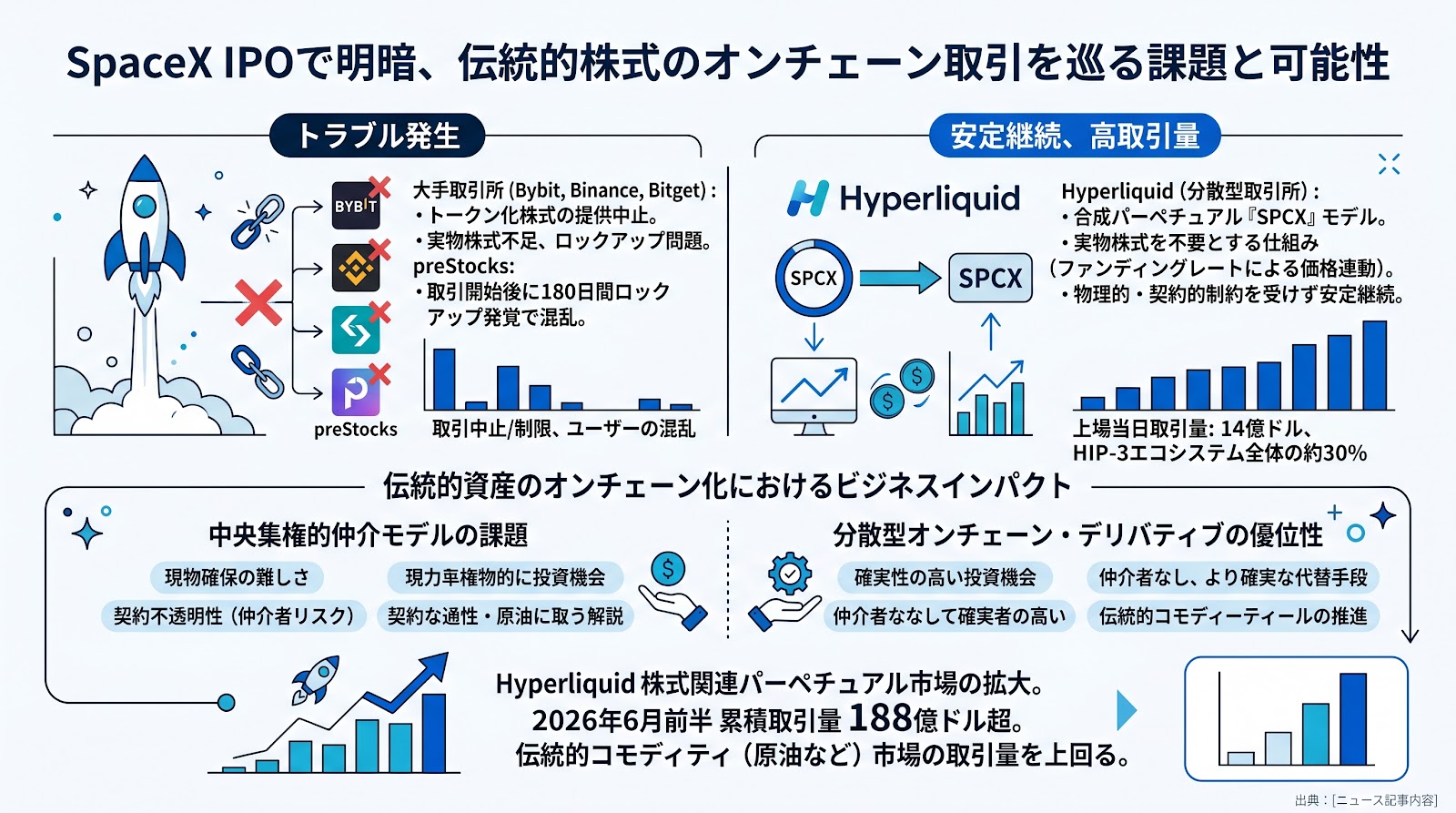 SpaceXのIPOで明暗、大手取引所が取引中止に追い込まれる中でHyperliquidの合成パーペチュアルが14億ドルの取引量を記録