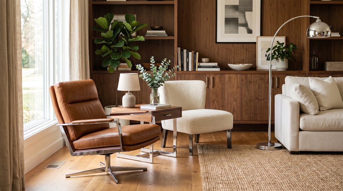 How to Make Chrome and Leather Feel Warm in a Living Room - chrome furniture balanced with walnut oak and layered textiles