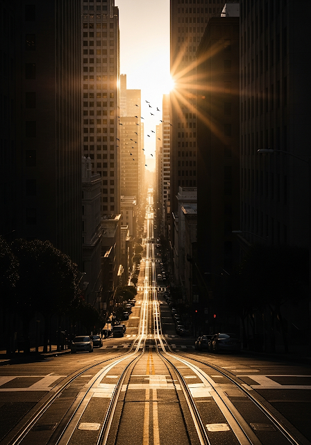 Dramatic View Down a Steep San Francisco Street at Golden Hour with Sun Rays - Free mobile Wallpaper