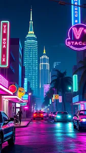 Neon soaked city street with glowing skyscrapers at night