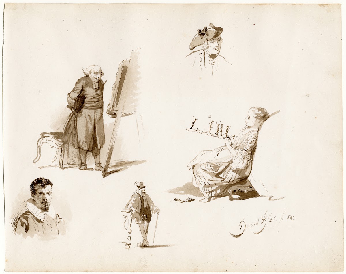 Several separate scenes man looking at an easel girl with board game