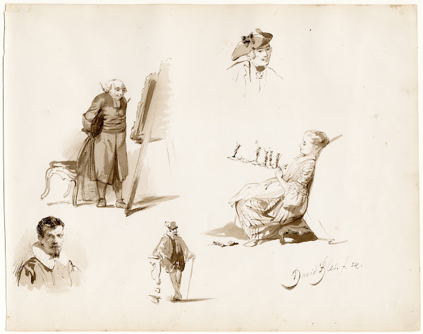 Several separate scenes man looking at an easel girl with board game
