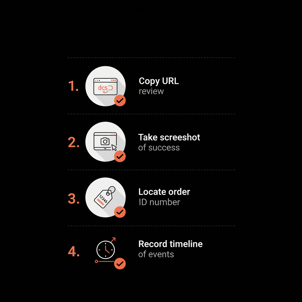 Minimal vector checklist infographic for reporting a bad Google review with icons for URL, screenshot, order ID, and timeline on black background.