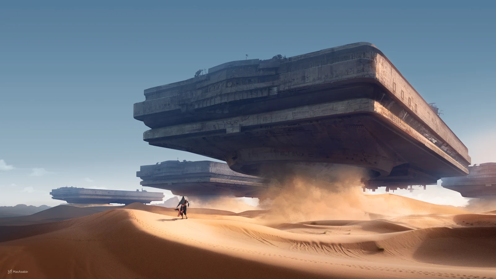 Massive Vessels Hover Over Desert Dunes - Sci-Fi Concept Art 4K Wallpaper (3840x2160)