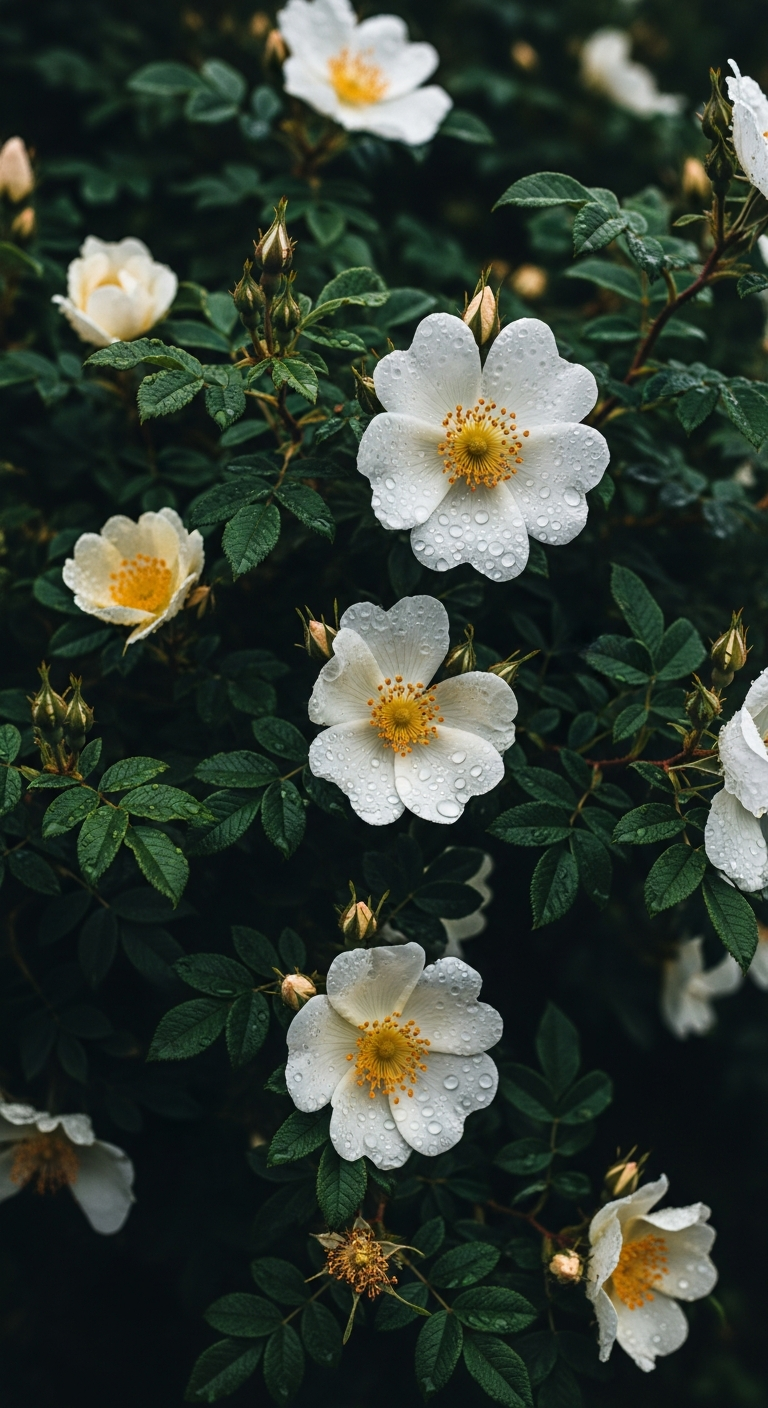 Moody Close-up of White Wild Roses and Dark Green Leaves with Raindrops - Free 4K mobile Wallpaper