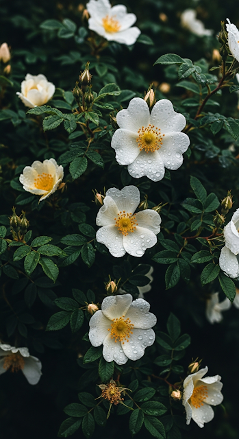 Moody Close-up of White Wild Roses and Dark Green Leaves with Raindrops - Free mobile Wallpaper