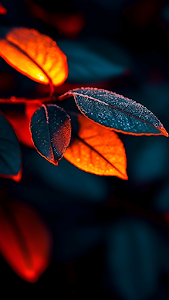 Glowing Autumn Leaves with Dew Drops in Dark Light