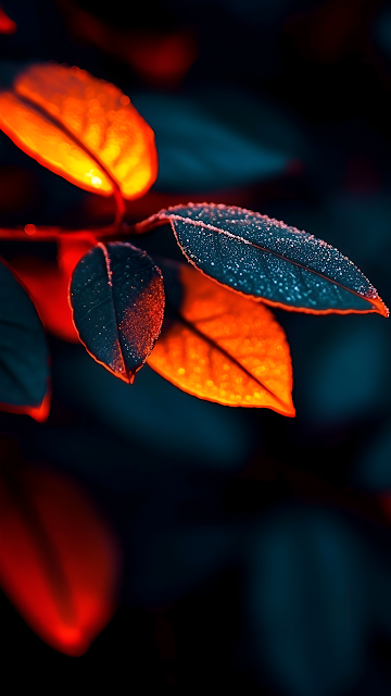 Glowing Autumn Leaves with Dew Drops in Dark Light - Free mobile Wallpaper