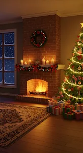 Cozy Christmas Fireplace Scene with Tree and Falling Snow