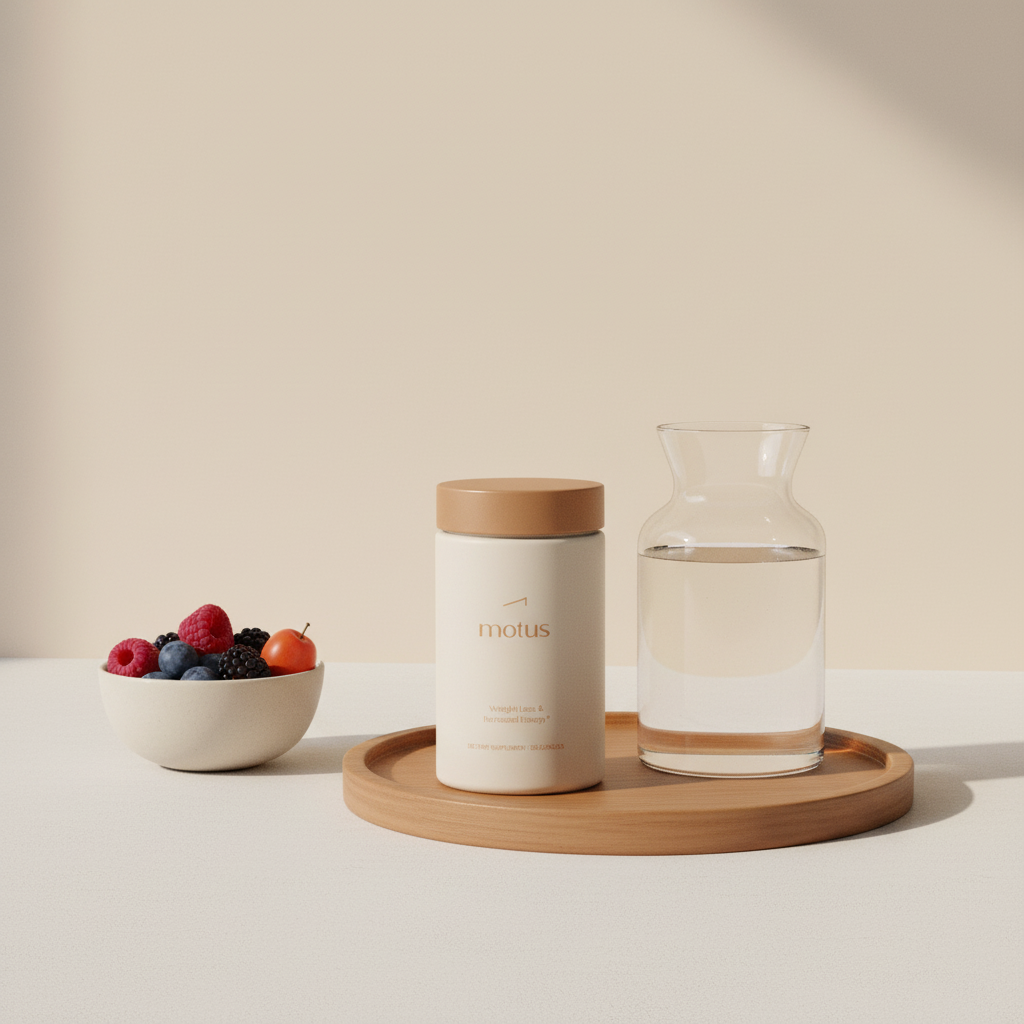 Minimal still-life of Tonum Motus supplement jar on wooden tray with carafe of water and bowl of berries, conveying daily routine and protein powder side effects