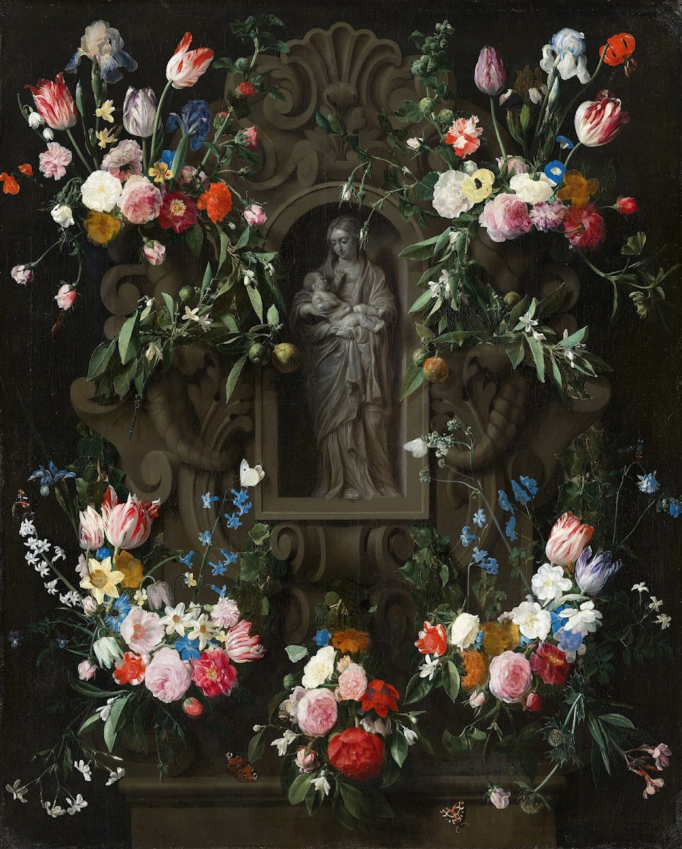 Garland of Flowers surrounding a Sculpture of the Virgin Mary 1645