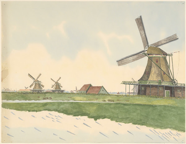 Op de voorgrond rechts doppenmolen De Prolpot aan de Hemmes op de achtergrond li