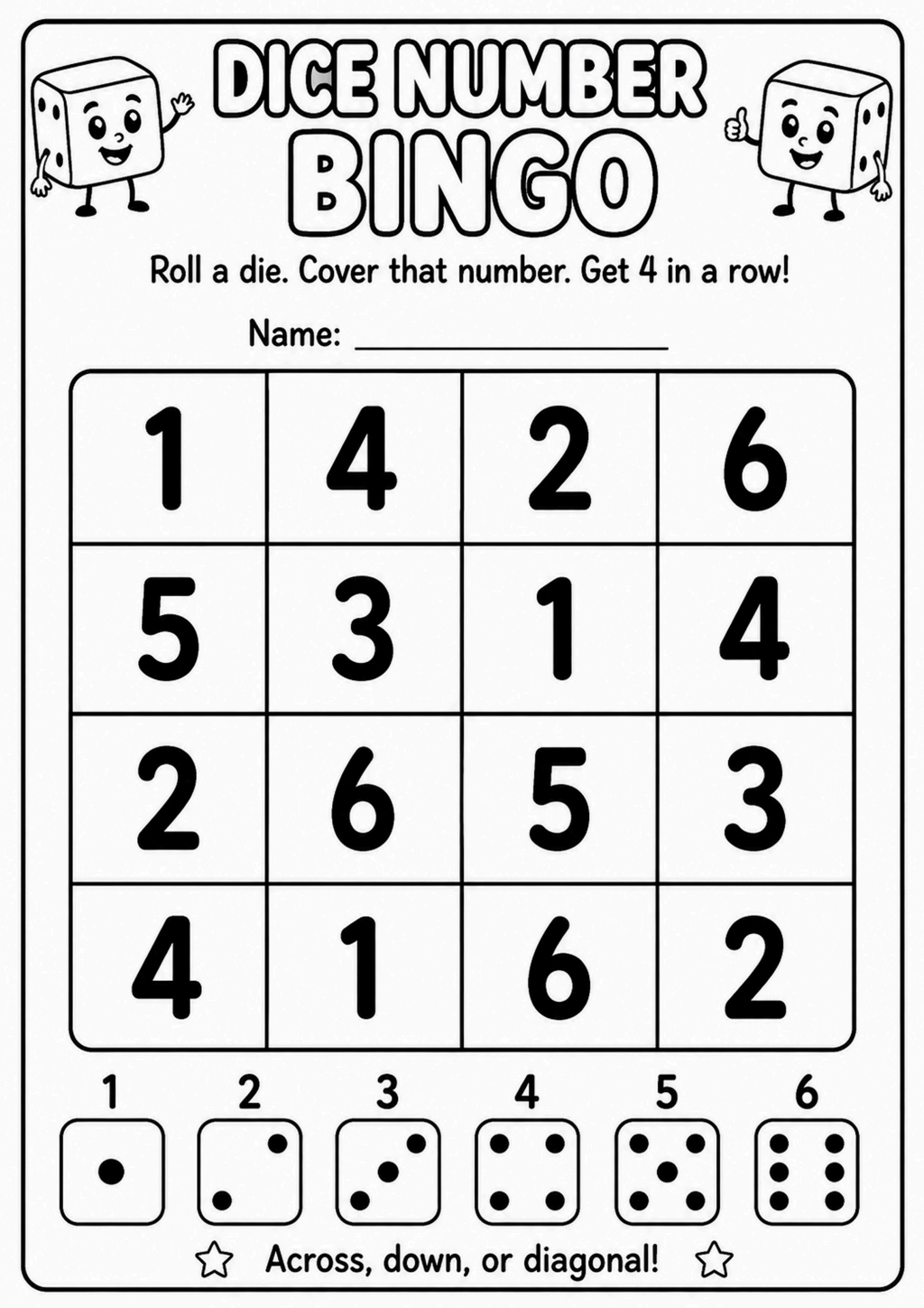 Dice Number Bingo Math Game