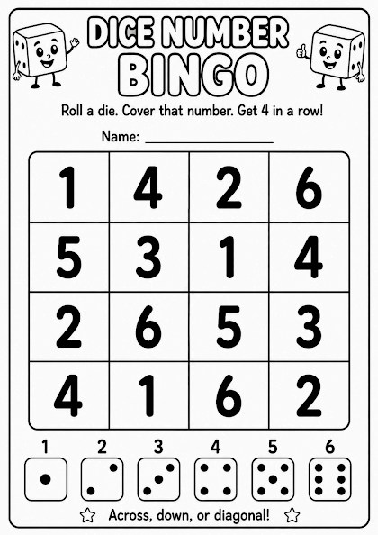 Dice Number Bingo Math Game