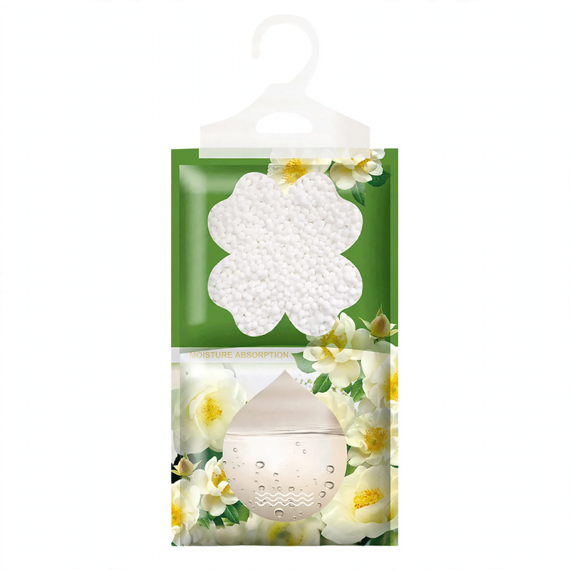 Hanging dehumidifying bag against moisture and mold