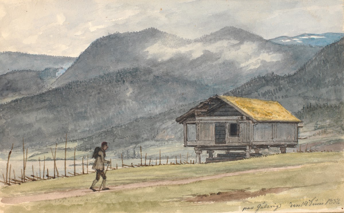 Fjeldlandskab med hytte og vandrer 1831   1832
