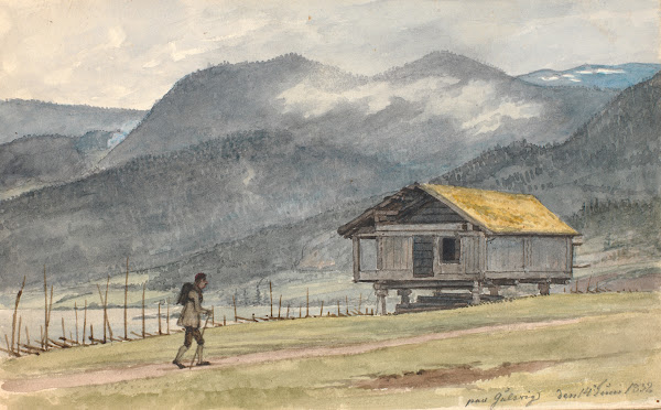 Fjeldlandskab med hytte og vandrer 1831   1832