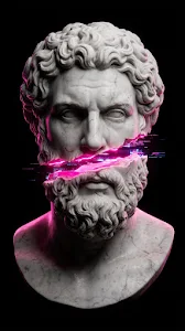 Classical Marble Bust with Digital Glitch and Neon Accents
