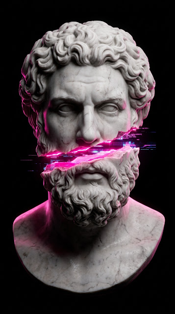Classical Marble Bust with Digital Glitch and Neon Accents - Free mobile Wallpaper