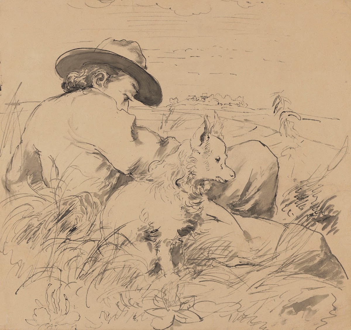 Man Laying in the Grass with a Dog 1870   1879