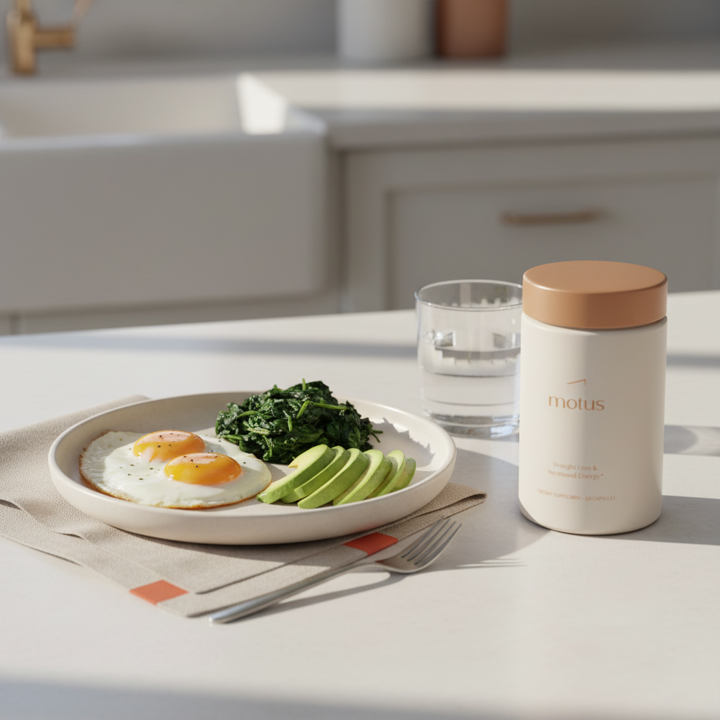 Minimalist kitchen countertop with Tonum Motus supplement bottle beside a low-carb breakfast plate of eggs, spinach and avocado illustrating the 2-2-2-2 rule on keto in natural light, brand colors.