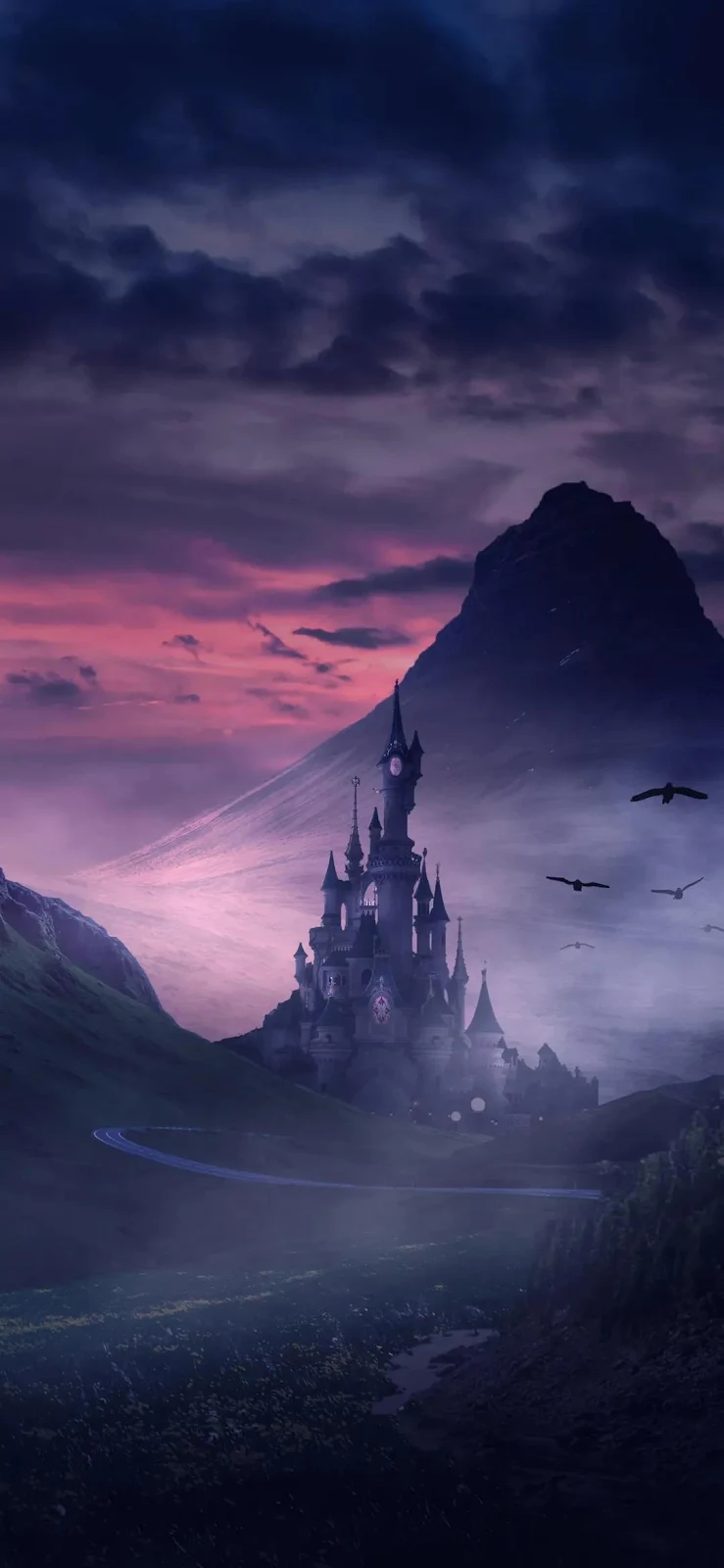 Fantasy Castle, Dreamscape, Landscape, Purple Aesthetic Full HD iPhone Wallpaper Background (1080x2338)