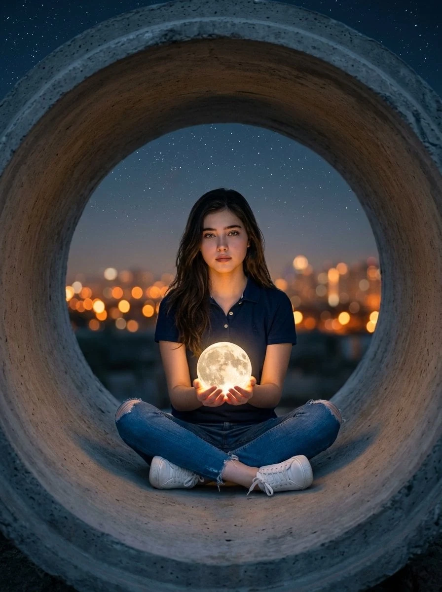 Fotografía surrealista hiperrealista de una mujer sentada dentro de una enorme y tosca tubería de hormigón, que muestra...