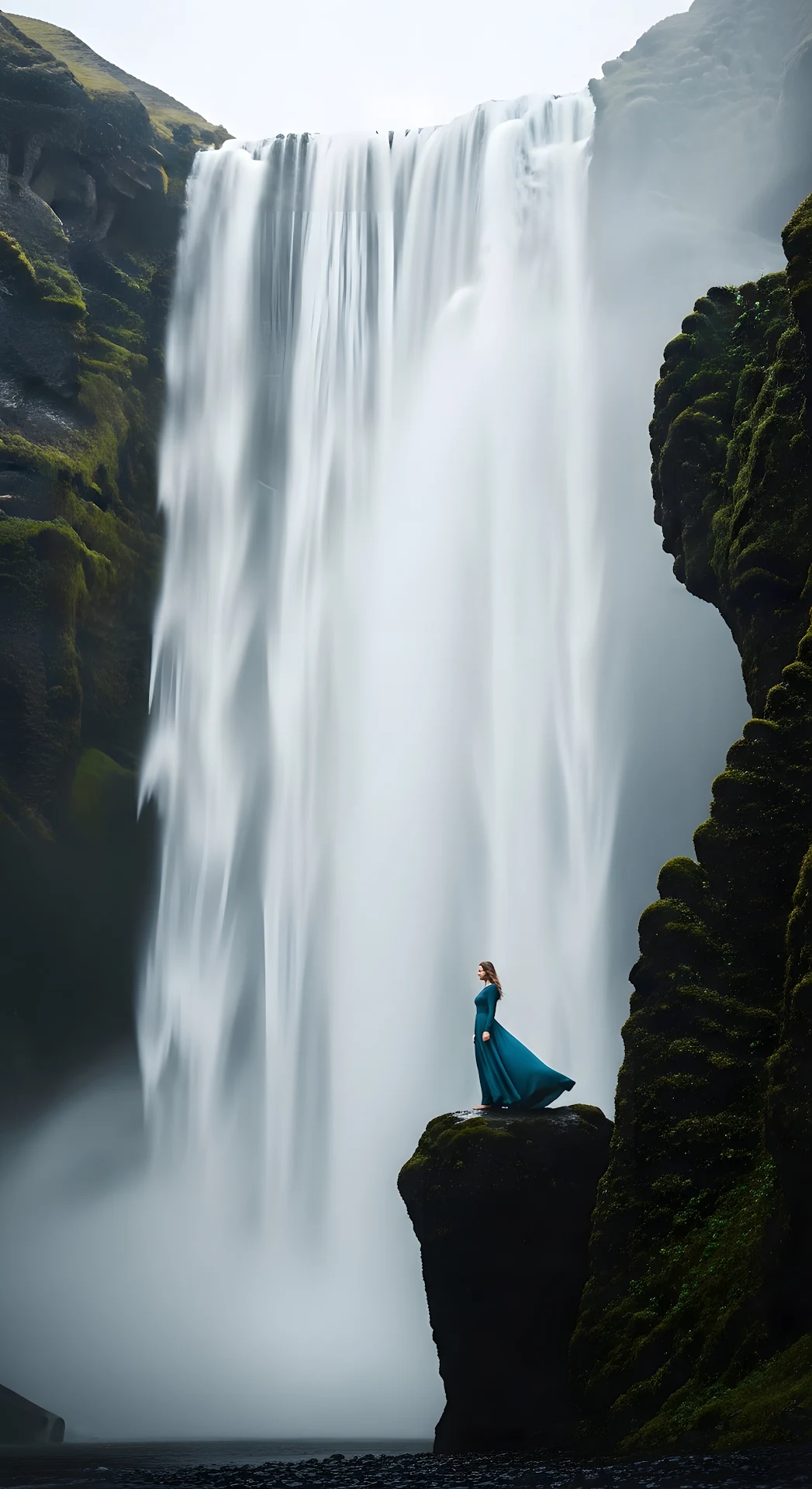 Epic and Majestic View of a Solitary Woman on a Rock Ledge Below a Colossal Misty Waterfall - Free 4K mobile Wallpaper