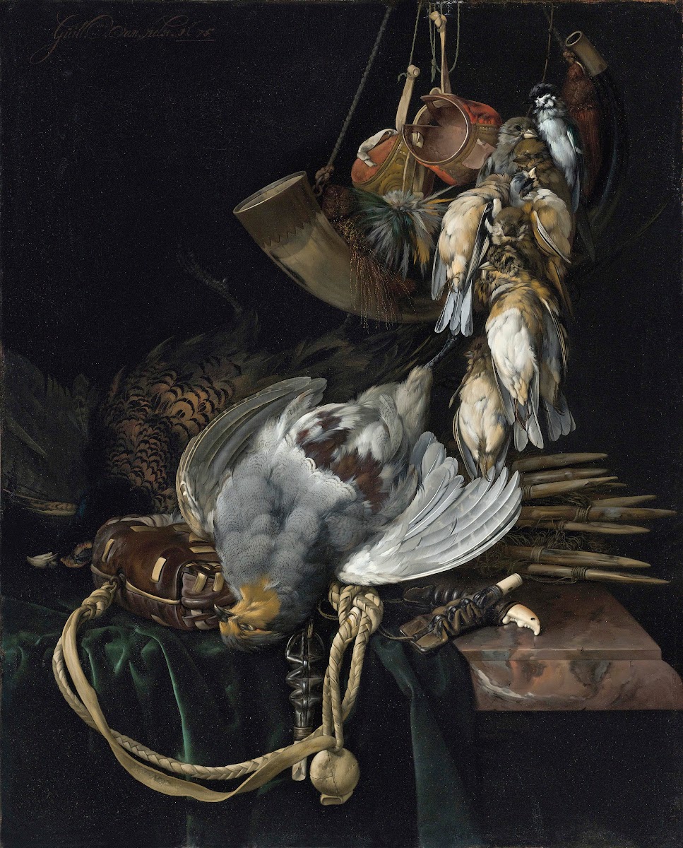A Partridge A Pheasant A Hunting Bag And Traps On A Partially Draped Ledge Songb