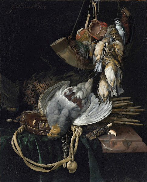 A Partridge A Pheasant A Hunting Bag And Traps On A Partially Draped Ledge Songb