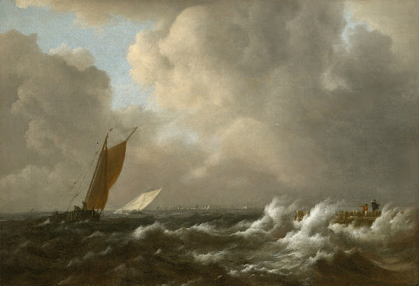 Sailing vessels in a stormy sea with a jetty to the right