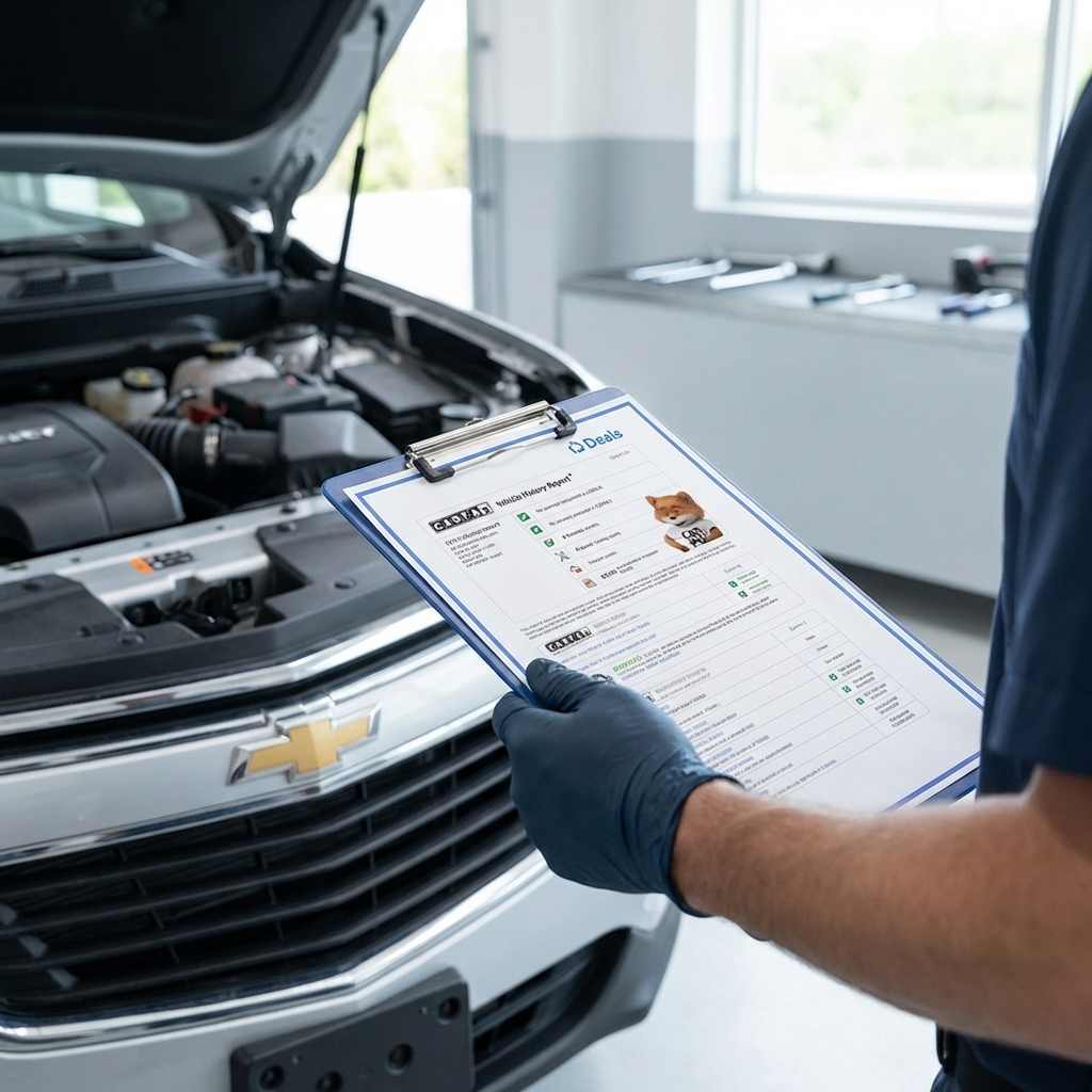 Close up of a service bay with a Chevrolet hood open and a mechanic hand holding a printed CARFAX report highlighting vehicle history of most reliable Chevy models with blue 3666ed clipboard accents No faces
