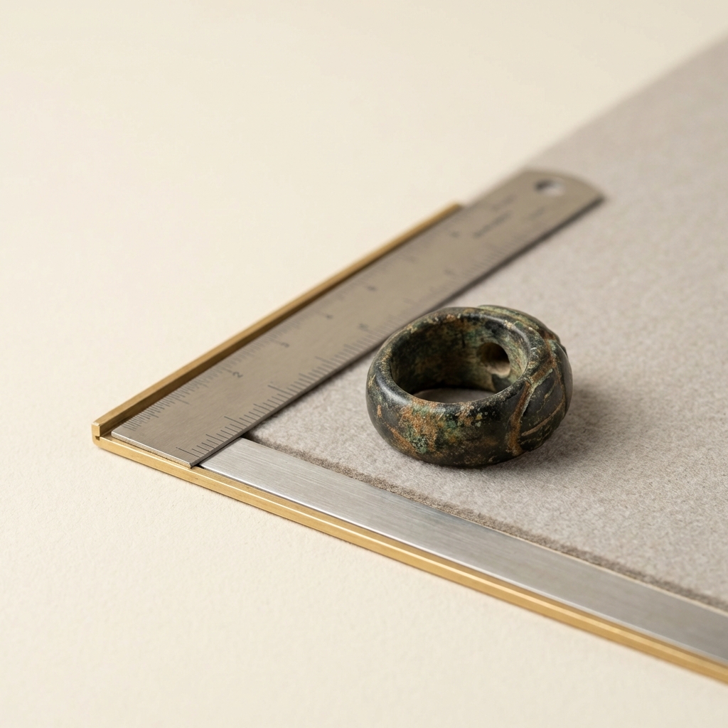 Macro studio shot of an egyptian scarab beetle ring showing drilled bore and naturalized patina next to a ruler for scale on ede7da background